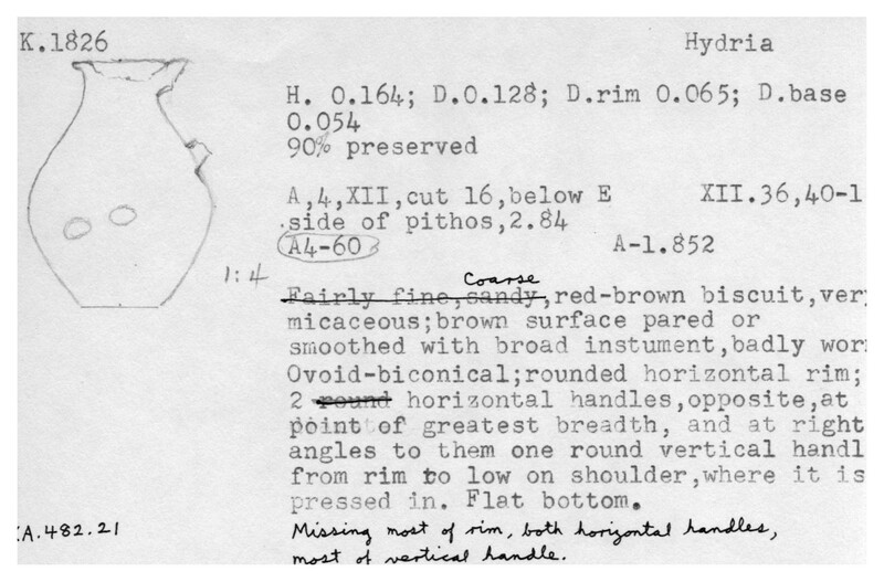 Index card with typed and handwritten information, sometimes including a sketch, of pottery from an excavation.