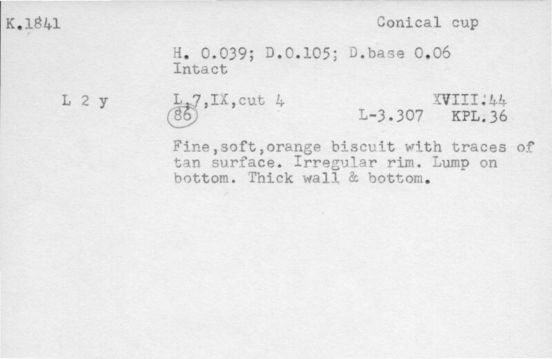 Index card with typed and handwritten information, sometimes including a sketch, of pottery from an excavation.