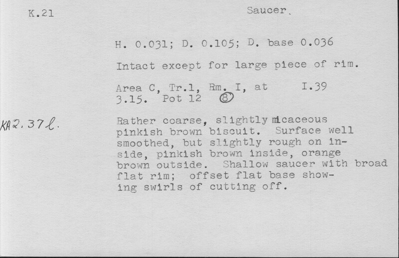 Index card with typed and handwritten information, sometimes including a sketch, of pottery from an excavation.