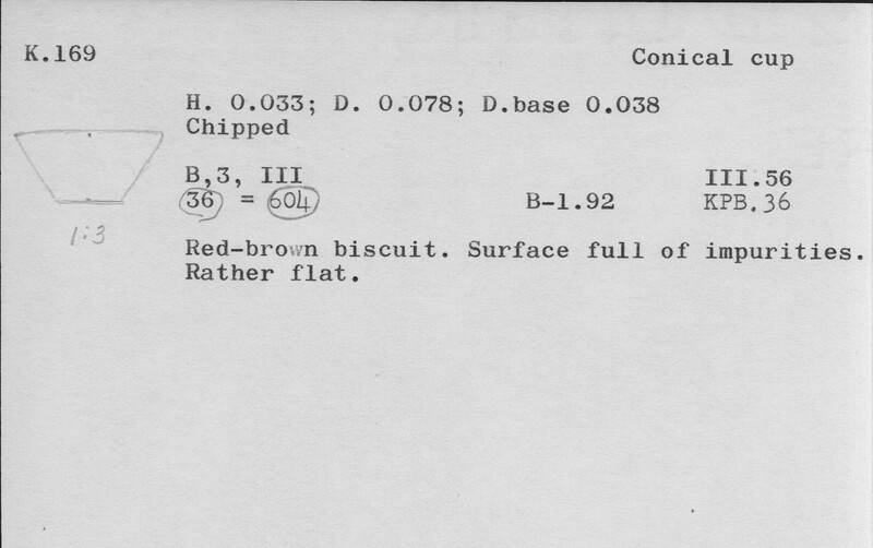 Index card with typed and handwritten information, sometimes including a sketch, of pottery from an excavation.