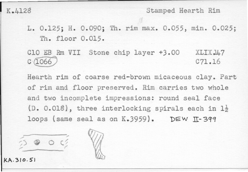 Index card with typed and handwritten information, sometimes including a sketch, of pottery from an excavation.