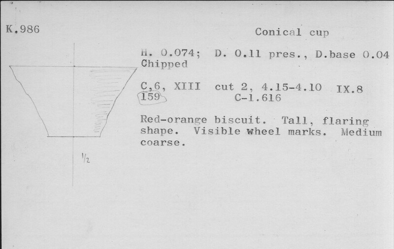 Index card with typed and handwritten information, sometimes including a sketch, of pottery from an excavation.