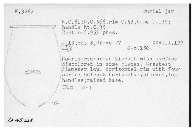 Index card with typed and handwritten information, sometimes including a sketch, of pottery from an excavation.