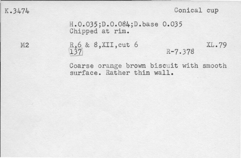 Index card with typed and handwritten information, sometimes including a sketch, of pottery from an excavation.