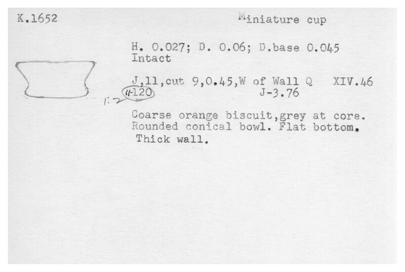 Index card with typed and handwritten information, sometimes including a sketch, of pottery from an excavation.