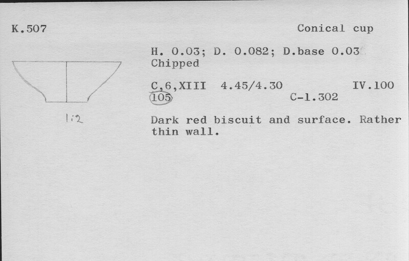 Index card with typed and handwritten information, sometimes including a sketch, of pottery from an excavation.