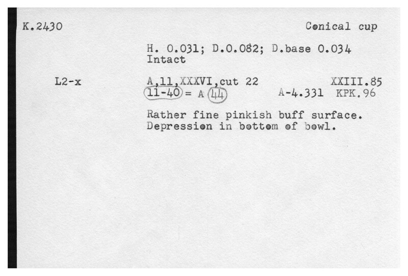 Index card with typed and handwritten information, sometimes including a sketch, of pottery from an excavation.