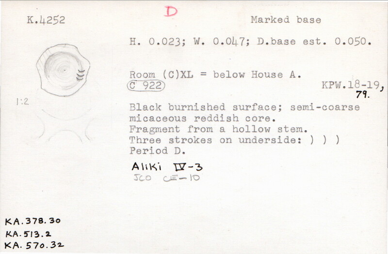 Index card with typed and handwritten information, sometimes including a sketch, of pottery from an excavation.