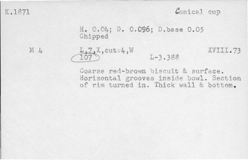 Index card with typed and handwritten information, sometimes including a sketch, of pottery from an excavation.