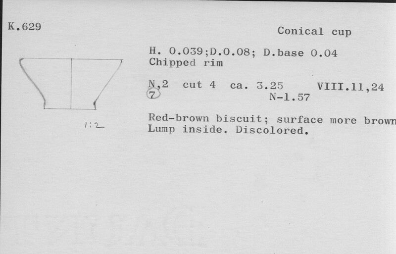 Index card with typed and handwritten information, sometimes including a sketch, of pottery from an excavation.