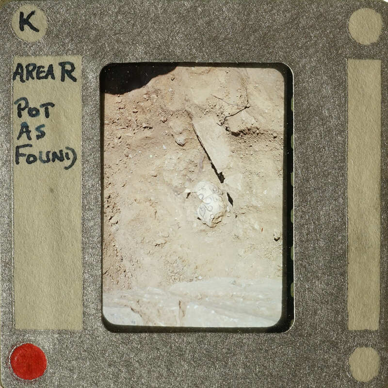 Picture of dirt with a small object sticking out, possibly an artifact from an archaeological site.