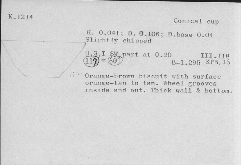 Index card with typed and handwritten information, sometimes including a sketch, of pottery from an excavation.