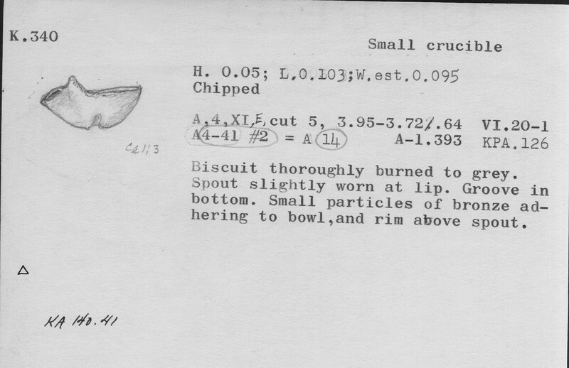 Index card with typed and handwritten information, sometimes including a sketch, of pottery from an excavation.