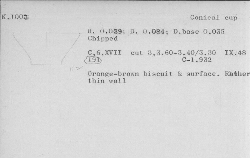 Index card with typed and handwritten information, sometimes including a sketch, of pottery from an excavation.