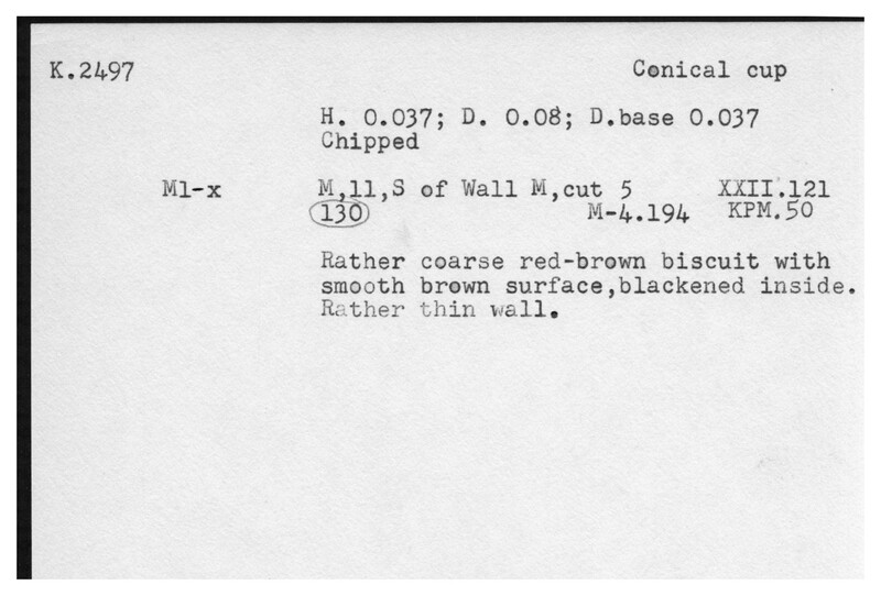 Index card with typed and handwritten information, sometimes including a sketch, of pottery from an excavation.