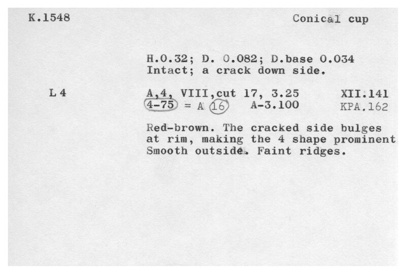 Index card with typed and handwritten information, sometimes including a sketch, of pottery from an excavation.