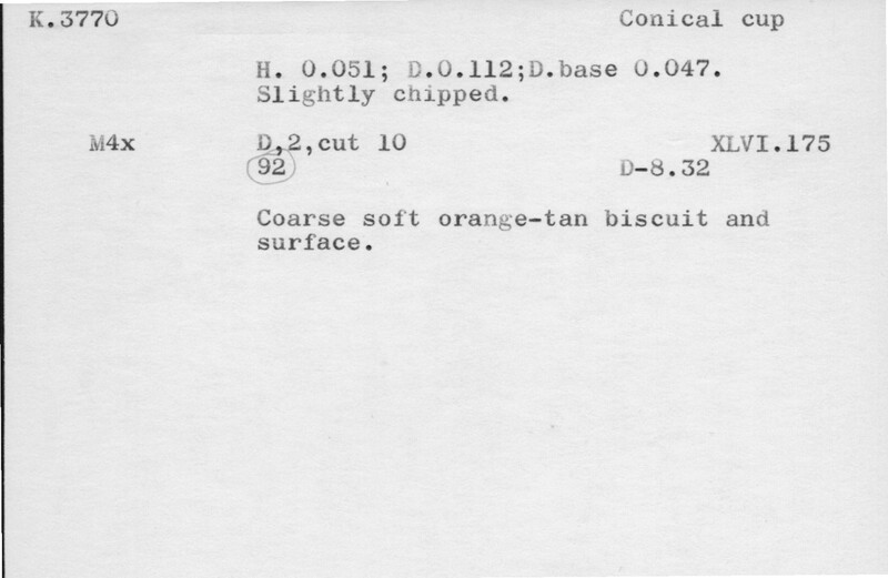 Index card with typed and handwritten information, sometimes including a sketch, of pottery from an excavation.