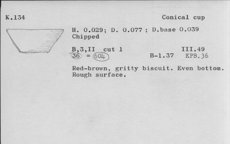 Index card with typed and handwritten information, sometimes including a sketch, of pottery from an excavation.