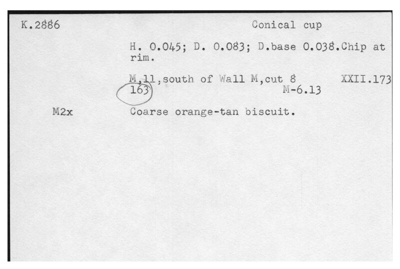 Index card with typed and handwritten information, sometimes including a sketch, of pottery from an excavation.