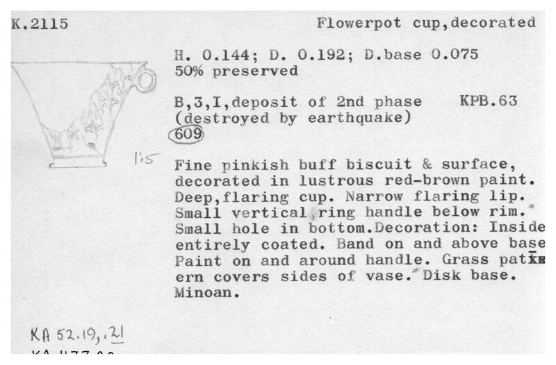 Index card with typed and handwritten information, sometimes including a sketch, of pottery from an excavation.