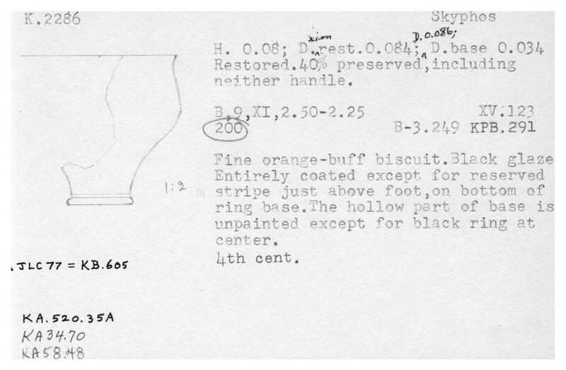 Index card with typed and handwritten information, sometimes including a sketch, of pottery from an excavation.