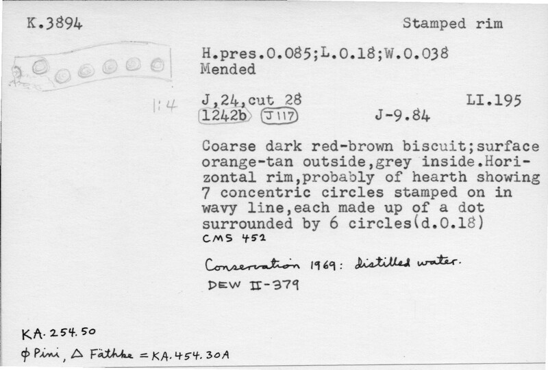 Index card with typed and handwritten information, sometimes including a sketch, of pottery from an excavation.