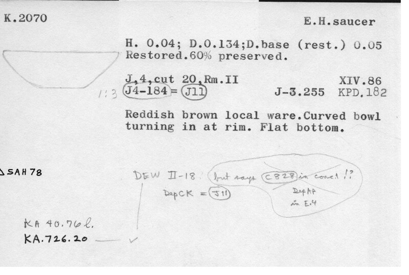Index card with typed and handwritten information, sometimes including a sketch, of pottery from an excavation.