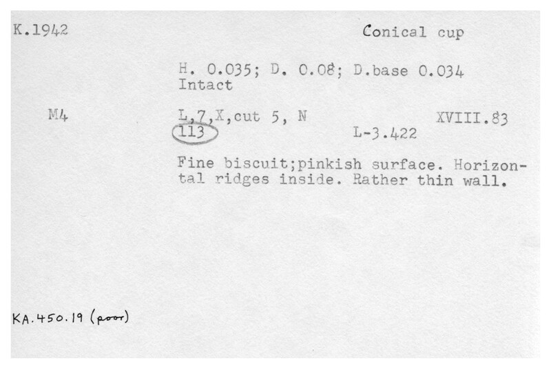 Index card with typed and handwritten information, sometimes including a sketch, of pottery from an excavation.
