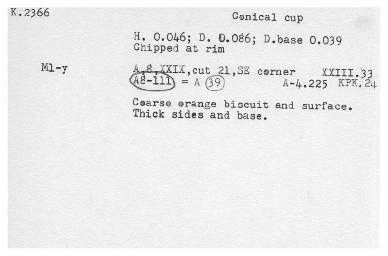 Index card with typed and handwritten information, sometimes including a sketch, of pottery from an excavation.