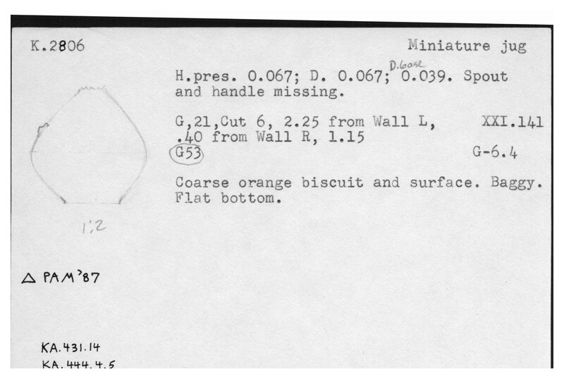 Index card with typed and handwritten information, sometimes including a sketch, of pottery from an excavation.