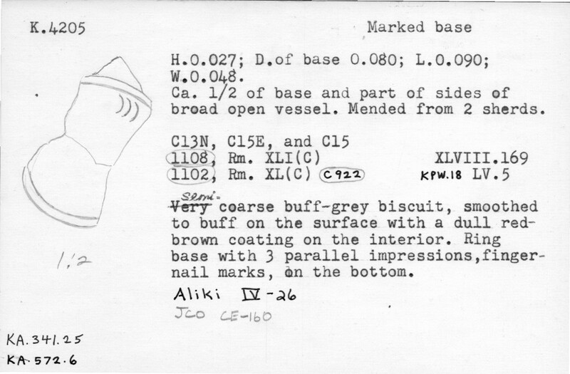 Index card with typed and handwritten information, sometimes including a sketch, of pottery from an excavation.