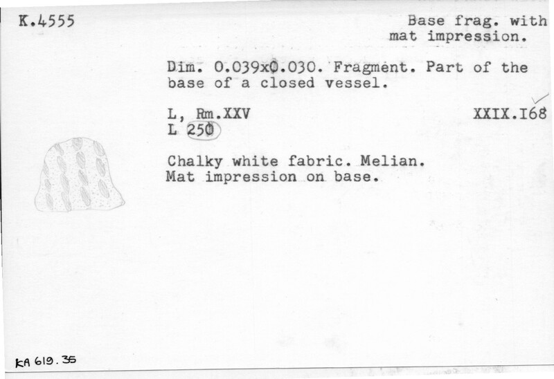 Index card with typed and handwritten information, sometimes including a sketch, of pottery from an excavation.