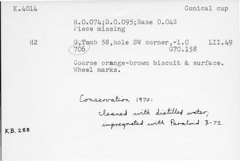 Index card with typed and handwritten information, sometimes including a sketch, of pottery from an excavation.