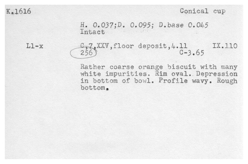 Index card with typed and handwritten information, sometimes including a sketch, of pottery from an excavation.