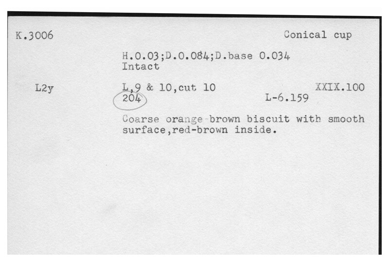 Index card with typed and handwritten information, sometimes including a sketch, of pottery from an excavation.