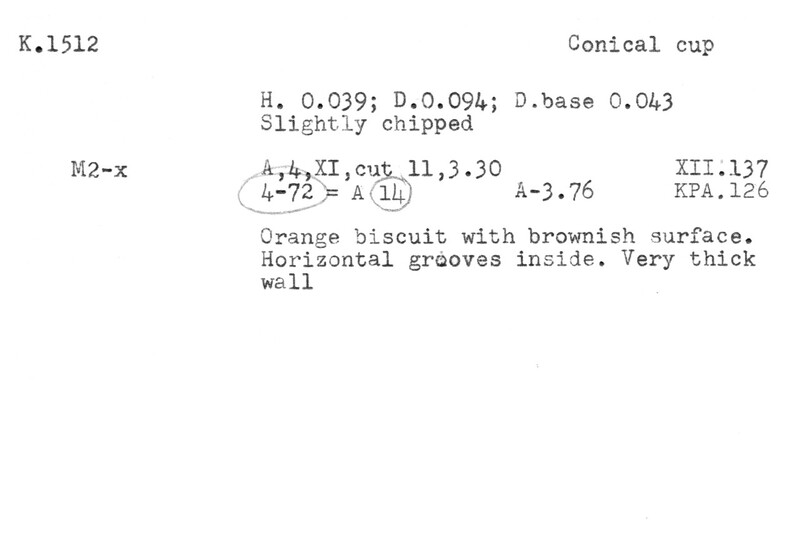 Index card with typed and handwritten information, sometimes including a sketch, of pottery from an excavation.