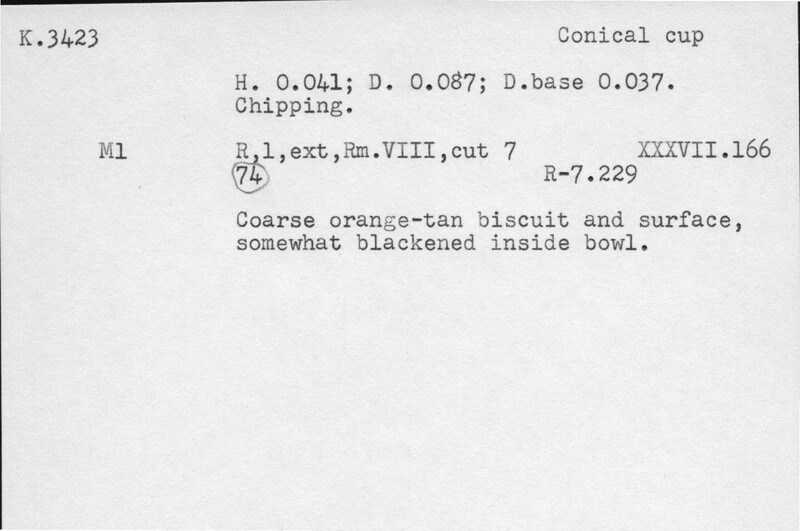 Index card with typed and handwritten information, sometimes including a sketch, of pottery from an excavation.