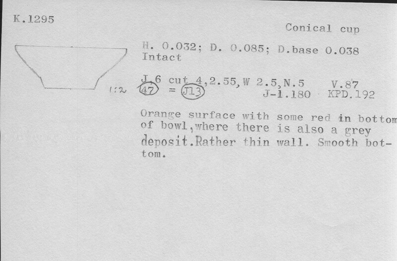 Index card with typed and handwritten information, sometimes including a sketch, of pottery from an excavation.