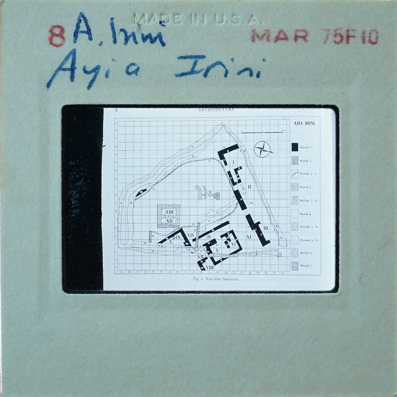 Photo of slide of drawing of buildings labeled Sanctuary.