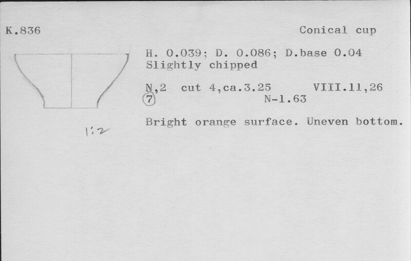 Index card with typed and handwritten information, sometimes including a sketch, of pottery from an excavation.