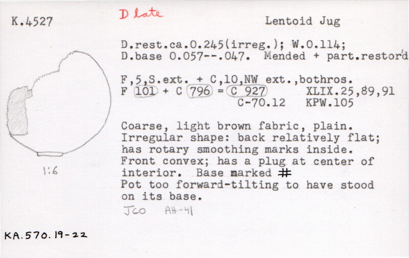 Index card with typed and handwritten information, sometimes including a sketch, of pottery from an excavation.