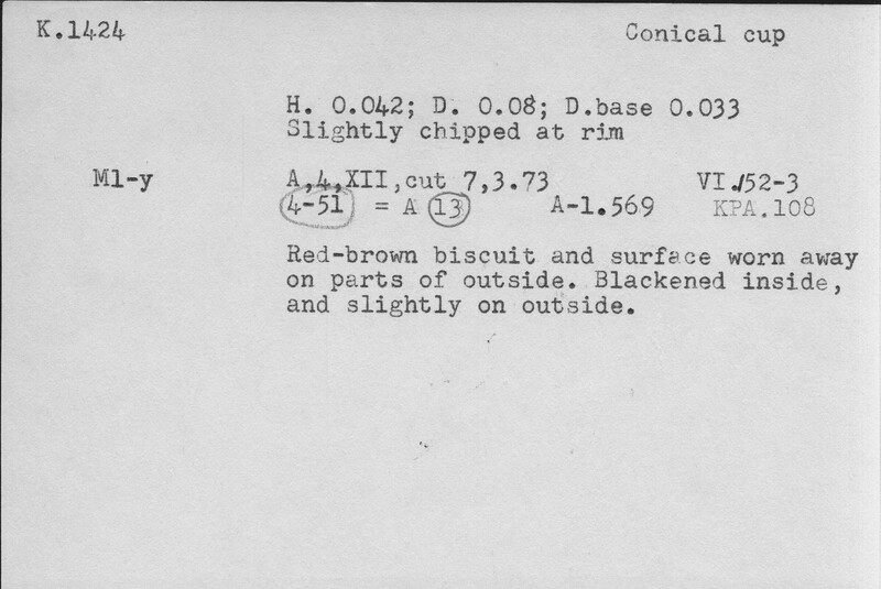 Index card with typed and handwritten information, sometimes including a sketch, of pottery from an excavation.