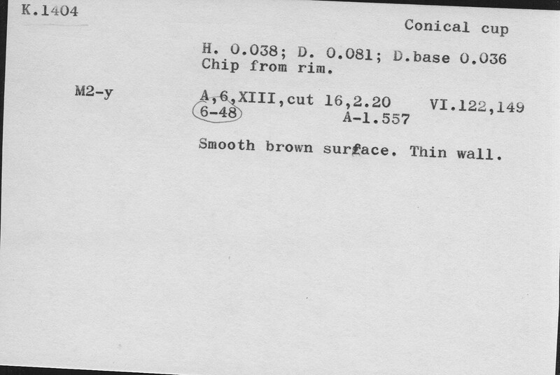 Index card with typed and handwritten information, sometimes including a sketch, of pottery from an excavation.