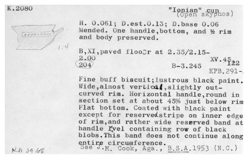 Index card with typed and handwritten information, sometimes including a sketch, of pottery from an excavation.