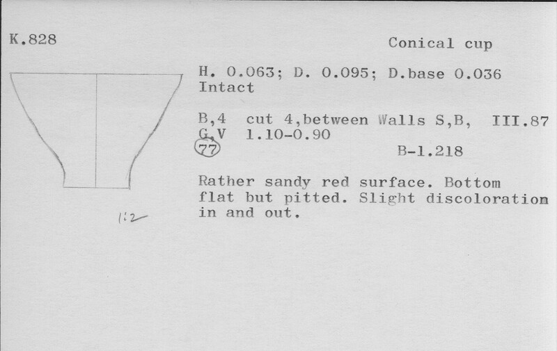 Index card with typed and handwritten information, sometimes including a sketch, of pottery from an excavation.