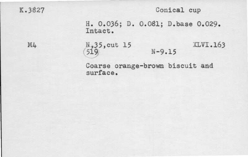 Index card with typed and handwritten information, sometimes including a sketch, of pottery from an excavation.