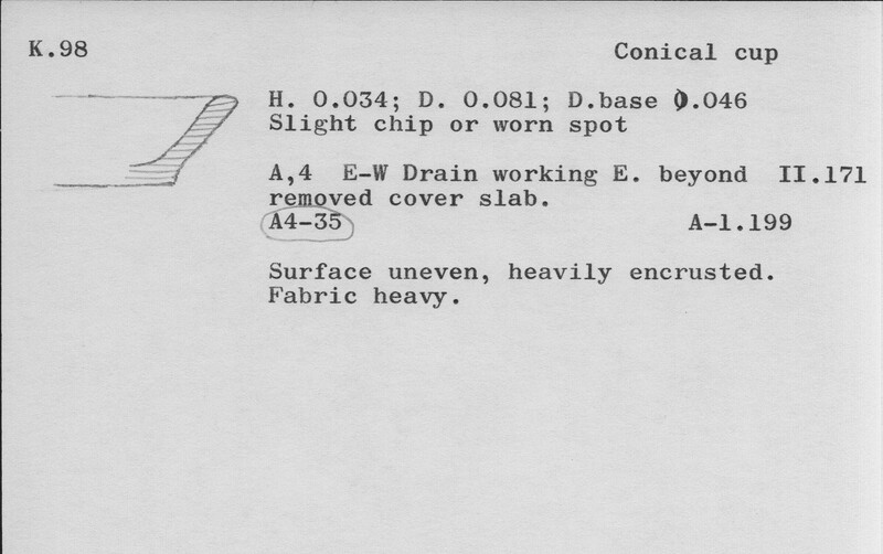 Index card with typed and handwritten information, sometimes including a sketch, of pottery from an excavation.