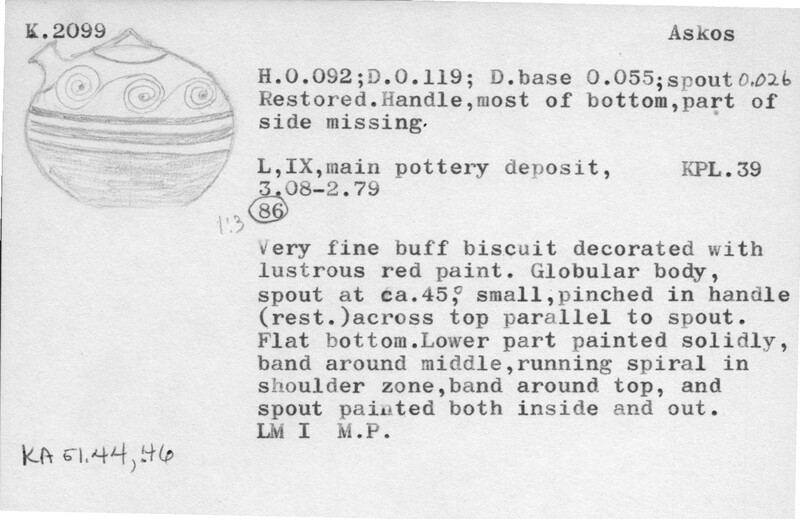 Index card with typed and handwritten information, sometimes including a sketch, of pottery from an excavation.