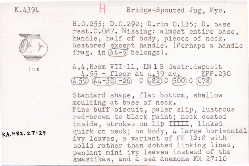Index card with typed and handwritten information, sometimes including a sketch, of pottery from an excavation.