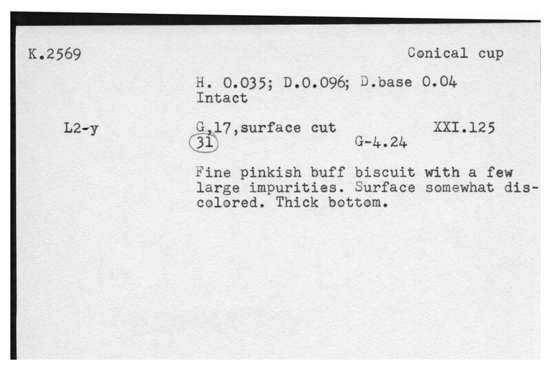 Index card with typed and handwritten information, sometimes including a sketch, of pottery from an excavation.